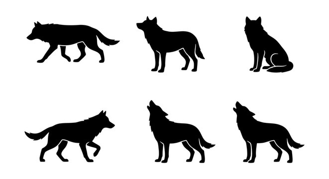 Wolf silhouette collection, 6 wild animal vector icons, howling wolf set