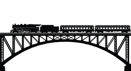 Obraz premium Vintage steam train travels across a bridge depicted in a striking silhouette