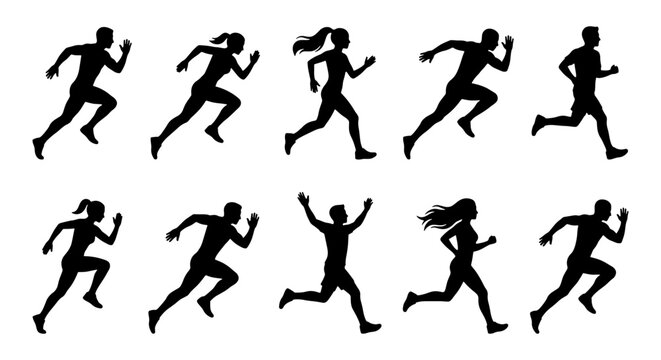 Running people silhouettes, 10 runner icons set, black athlete vector shapes