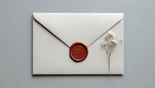 A white envelope with a red wax seal and a small white flower isolated on white background