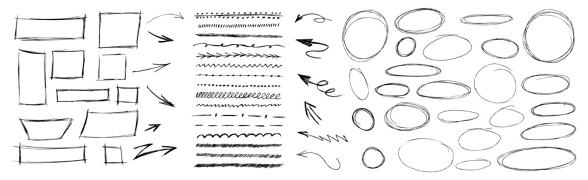 Black pen strokes round circle underline shapes with hand drawn doodle arrow elements. Rough lines encircle key note areas with strike details. Vector set bundle highlight text scribble.