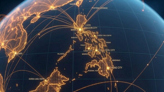 The Philippines depicted on a vibrant digital world map, with bright cities and connecting lines representing a complex web of global connectivity.