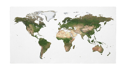 Detailed satellite world map on white paper background © BTG