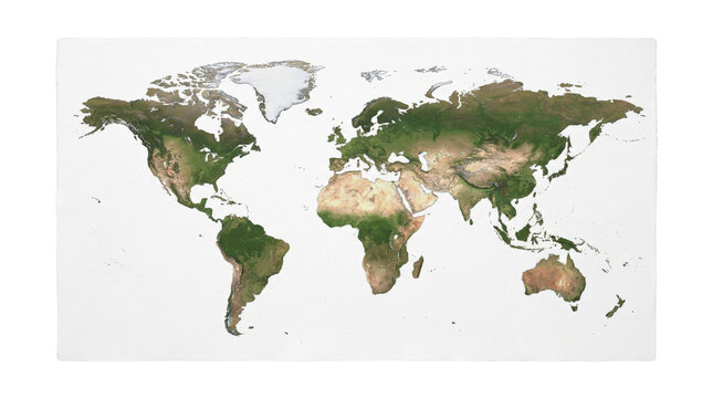 Detailed satellite world map on white paper background