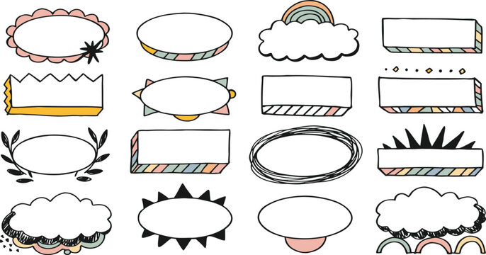 A collection of hand drawn doodle frames and speech bubbles for creative design and annotations Vector
