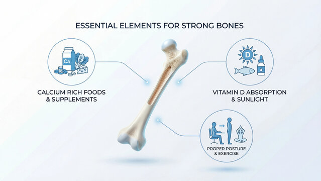 Essential elements for strong bones health infographic concept representing calcium nutrition vitamin D absorption sunlight exposure and posture exercise for skeletal wellness orthopedic education