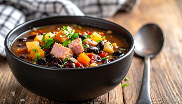 Rustic black bean soup with ham and diced vegetables, served in a dark bowl on wooden surface