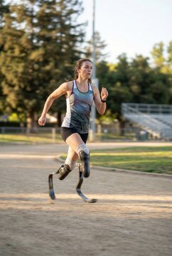 Female para athlete running on track with carbon blade prosthetics during outdoor training
