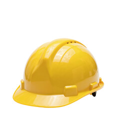 Fototapeta premium Yellow construction helmet sits on a white surface in a studio shot