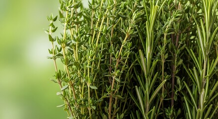 Obraz premium Fresh green thyme and rosemary herbs close up with blurred green background healthy cooking ingredients aromatic culinary herbs for food preparation
