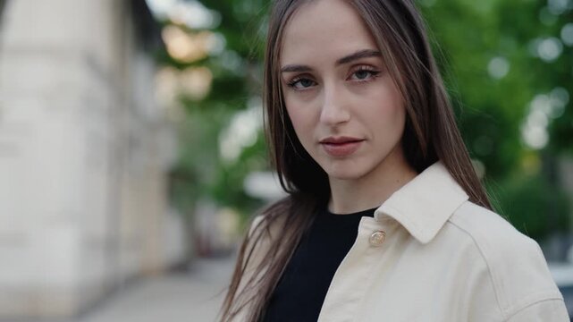 Portrait of a confident young woman standing outdoors in casual attire, with a calm expression and a blurred background. Perfect for lifestyle, confidence, and outdoor themes. Confident Young Woman