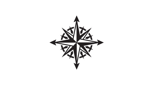 A black and white graphic illustration of a compass rose with eight main points and intricate detailing.