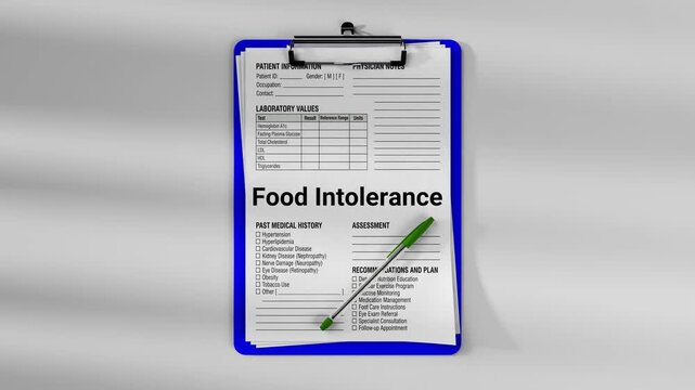 Medical clipboard with patient clinical form showing food intolerance assessment and laboratory values. Healthcare documentation concept with physician notes and medical examination record.