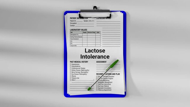 Medical clipboard with patient clinical form showing lactose intolerance diagnosis and laboratory values. Healthcare documentation concept with physician notes and medical examination record.