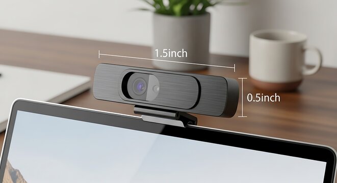 A small black webcam sits on top of a tablet on a wooden desk with measurements displayed