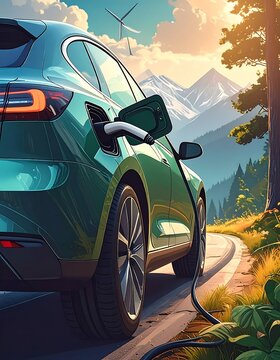 A teal electric vehicle charges on a winding road with a forest backdrop, mountains, and a clear sky with wind turbines