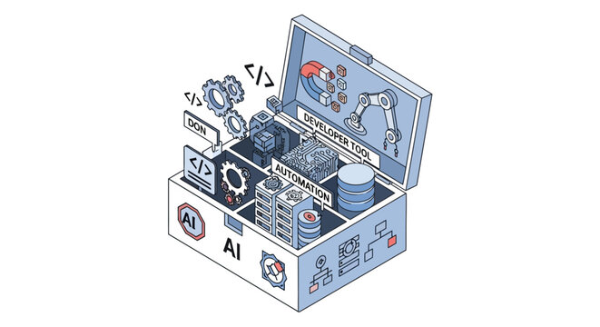 Isometric Illustration of an AI Developer Toolkit Box with Automation and Software Engineering Icons