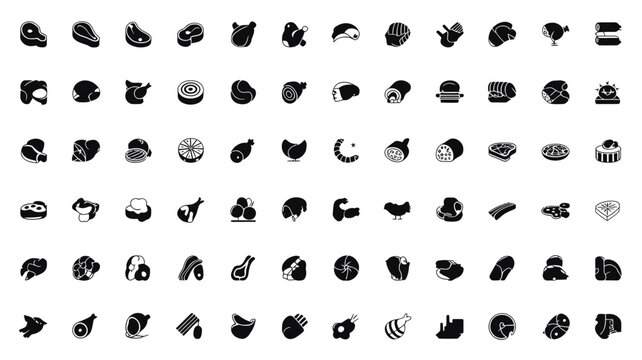 Set of 90 Meat and Seafood Food Icons Vector