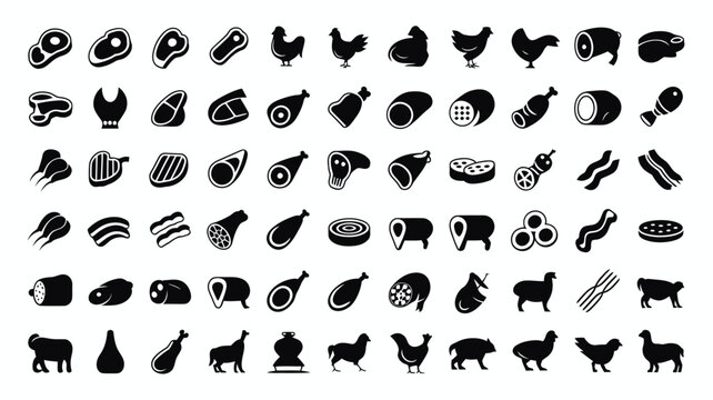 Set of 70 Black Meat Product Icons Vector