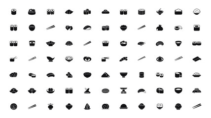 Set of 100 Black Sushi and Japanese Food Icons Vector © MD