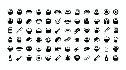 Set of 70 Black Sushi and Japanese Food Vector Icons © MD