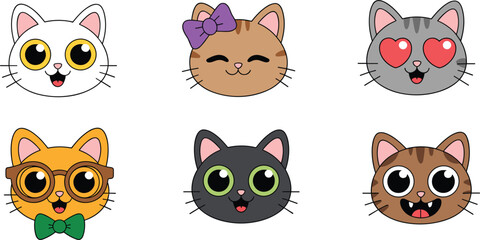 Fototapeta premium Cute cat faces set, cartoon kitten head characters isolated vector pets emoji illustration design