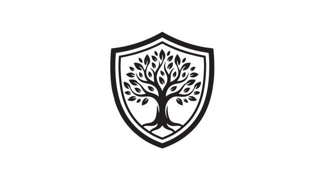 A black and white logo featuring a stylized tree with abundant leaves enclosed within a classic shield emblem, symbolizing growth and protection.