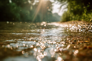 Fototapeta premium Serene sparkling river flowing gently under warm sunlight with lush green trees softly blurred in background creating a peaceful natural landscape scene