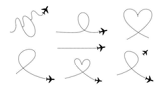 Various airplane flight paths drawn with dotted lines on a white background depicting different shapes like loops and hearts