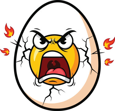 A cartoon egg with an angry face and flames cracking out of its shell in a vector graphic illustration.