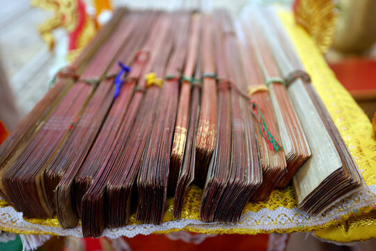Wat Bo temple.  Traditional Cambodian palm leaf manuscripts preserve sacred Buddhist teachings in Khmer script.  Siem Reap. Cambodia.
