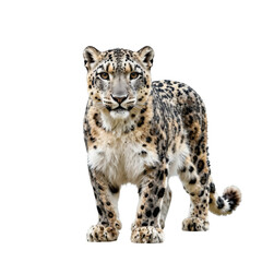 Naklejka premium Majestic snow leopard stands tall, showcasing its beautiful spotted coat against a white backdrop