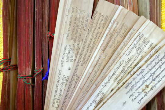 Wat Bo temple.  Traditional Cambodian palm leaf manuscripts preserve sacred Buddhist teachings in Khmer script.  Siem Reap. Cambodia.