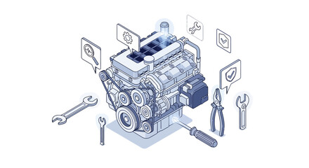 Naklejka premium Isometric Car Engine Diagnostic and Repair Concept Illustration with Mechanical Tools and Service Icons on White Background