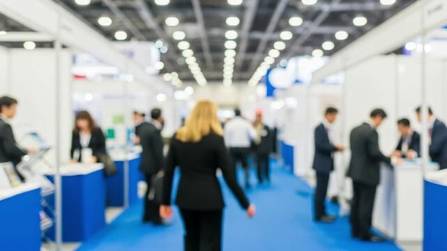 Busy crowd walking in trade show exhibition hall with booths 4K Ai HD high quality video.