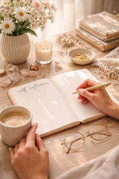 Moment of Reflection: A serene moment captured as a hand pens thoughts in a journal amidst soft light, coffee, and delicate blooms, promoting introspection.