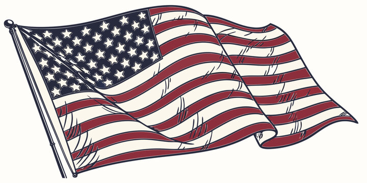 A vector graphic illustration of the American flag waving on a pole