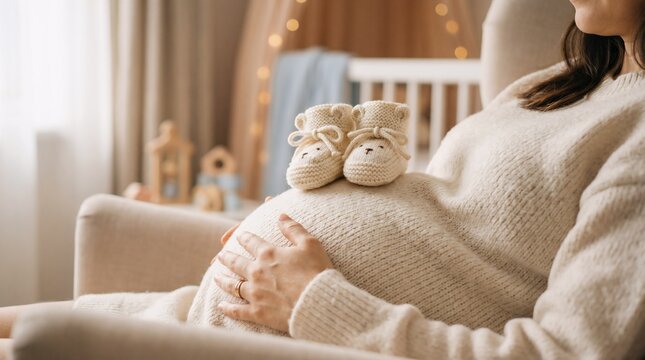 Happy Pregnant Woman Holding Baby Shoes Near Christmas Tree at Home
