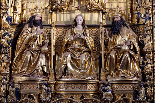 Oliwa cathedral. Main Altar  (1511-1517 ) by Michael Augsburg. Coronation of the Virgin Mary with, Holy Spirit, Jesus and God the father.  Gdansk. Poland.