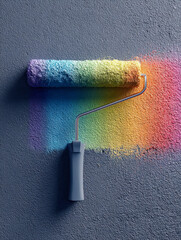 Obraz premium Paint roller applying vibrant spectrum of rainbow colors on textured gray wall symbolizing creativity and colorful artistic transformation
