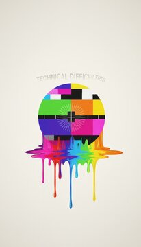 Colorful tv test pattern circle visually representing technical difficulties, with rainbow stripes of color dripping down, creating a vibrant abstract error or glitch graphic