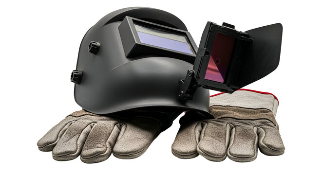 Welding helmet and protective gloves gear providing safety during industrial construction work on isolated black backdrop