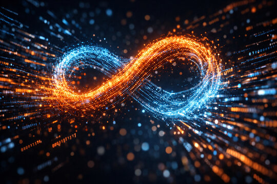 Endless Innovation: A mesmerizing display of a glowing infinity symbol formed from countless particles, symbolizing boundless innovation and the limitless potential of ideas. 