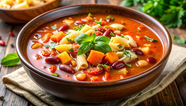 Rustic brown bowl filled with minestrone soup, pasta, and vegetables atop a neutral-toned linen napkin