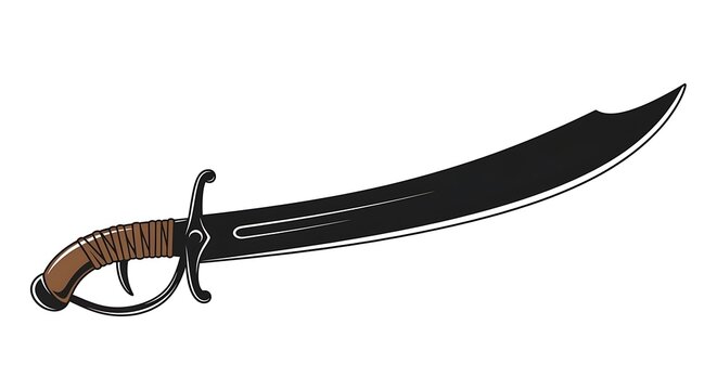 Vector illustration of a pirate saber, curved blade, and brown grip, isolated on white