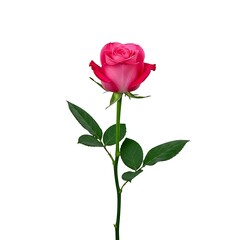 Fototapeta premium Single pink rose with green leaves on white background flower single flower 1 blooming