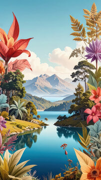 Stunning hybrid illustration frames a serene mountain lake with oversized botanical elements in the foreground. Colorful flowers and golden leaves create a lush border