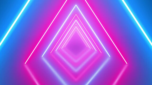 Neon triangle tunnel with pink and blue glowing lines, seamless loop animation of futuristic geometry, vibrant retro style background, dynamic motion
