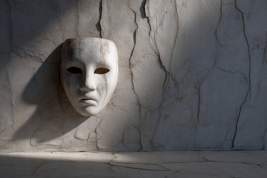 A cracked white mask with hollow eyes casts a shadow on a textured stone wall creating an eerie and mysterious atmosphere with dramatic lighting effects