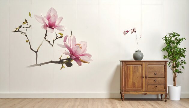 Room interior with a magnolia wall decal, cabinet, vase, and potted plant on a light wood floor with white wall
